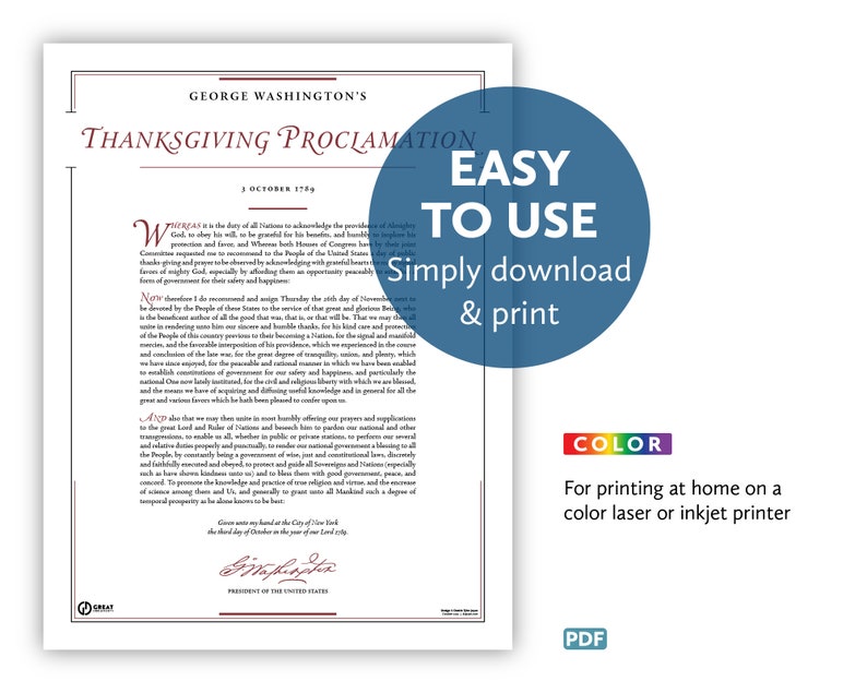 George Washingtons Thanksgiving Proclamation of 1789: An 8.5 by 11-inch digital download for at-home printing image 2