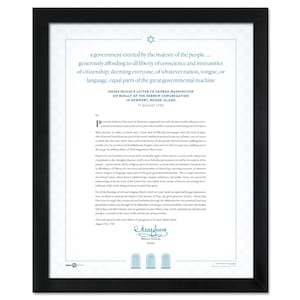 May include: A framed print featuring a historical document, with text in a stylized font. The document is set against a light blue background, with a black frame. The text includes the phrase "Moses Seixas's Letter to George Washington".