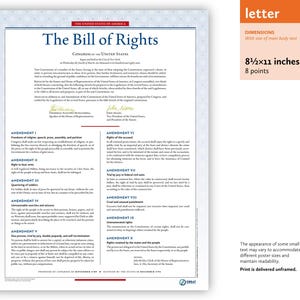 May include: A printed document titled "The Bill of Rights" with text in black ink. The document is 8.5 x 11 inches and features the text of the first ten amendments to the U.S. Constitution. The document is unframed.