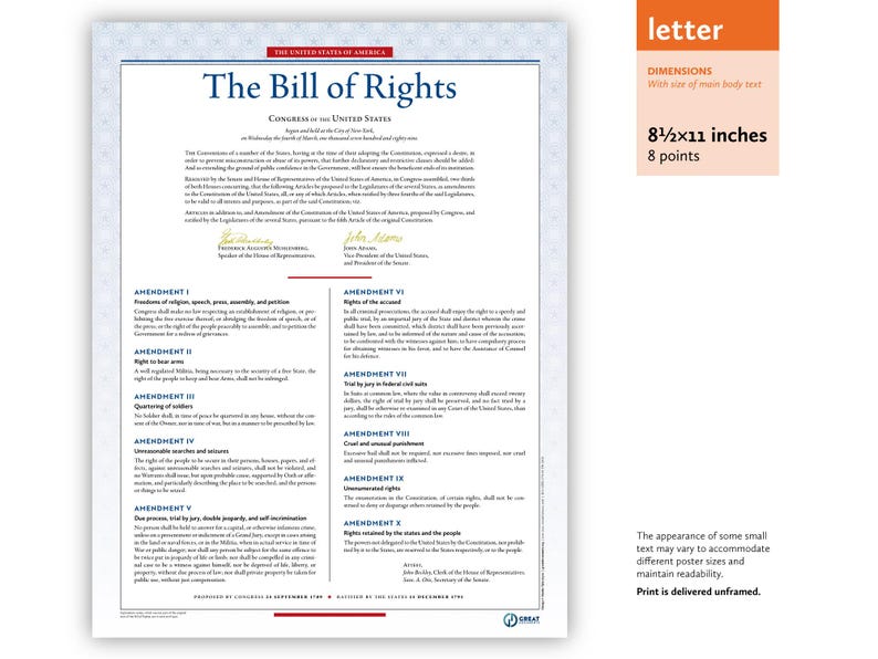 May include: A printed document titled "The Bill of Rights" with text in black ink. The document is 8.5 x 11 inches and features the text of the first ten amendments to the U.S. Constitution. The document is unframed.