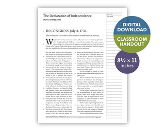 May include: A printed classroom handout of the Declaration of Independence, dated 1776. The document is on an 8.5 x 11 inch sheet of paper. The words "Digital Download" and "Classroom Handout" are printed on the right side.