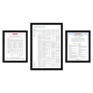 May include: Three framed documents with black borders. The left frame displays the Declaration of Independence, the center frame shows the Constitution of the United States of America, and the right frame features the Bill of Rights with text.