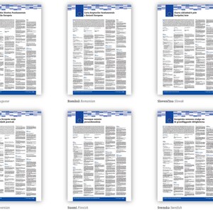 May include: Six white posters featuring the Charter of Fundamental Rights of the European Union in Portuguese, Romanian, Slovak, Slovenian, Finnish, and Swedish. Each document displays the EU flag, blue header graphics, and dense columns of text.