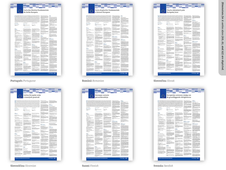 May include: Six white posters featuring the Charter of Fundamental Rights of the European Union in Portuguese, Romanian, Slovak, Slovenian, Finnish, and Swedish. Each document displays the EU flag, blue header graphics, and dense columns of text.