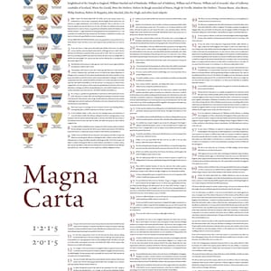 May include: A historical document, Magna Carta, with the text of the document in English. The document is framed in a red border with the title "Magna Carta" in large, bold, red letters. The document is divided into 63 sections, numbered 1 through 63. The document is dated 15th June 1215.