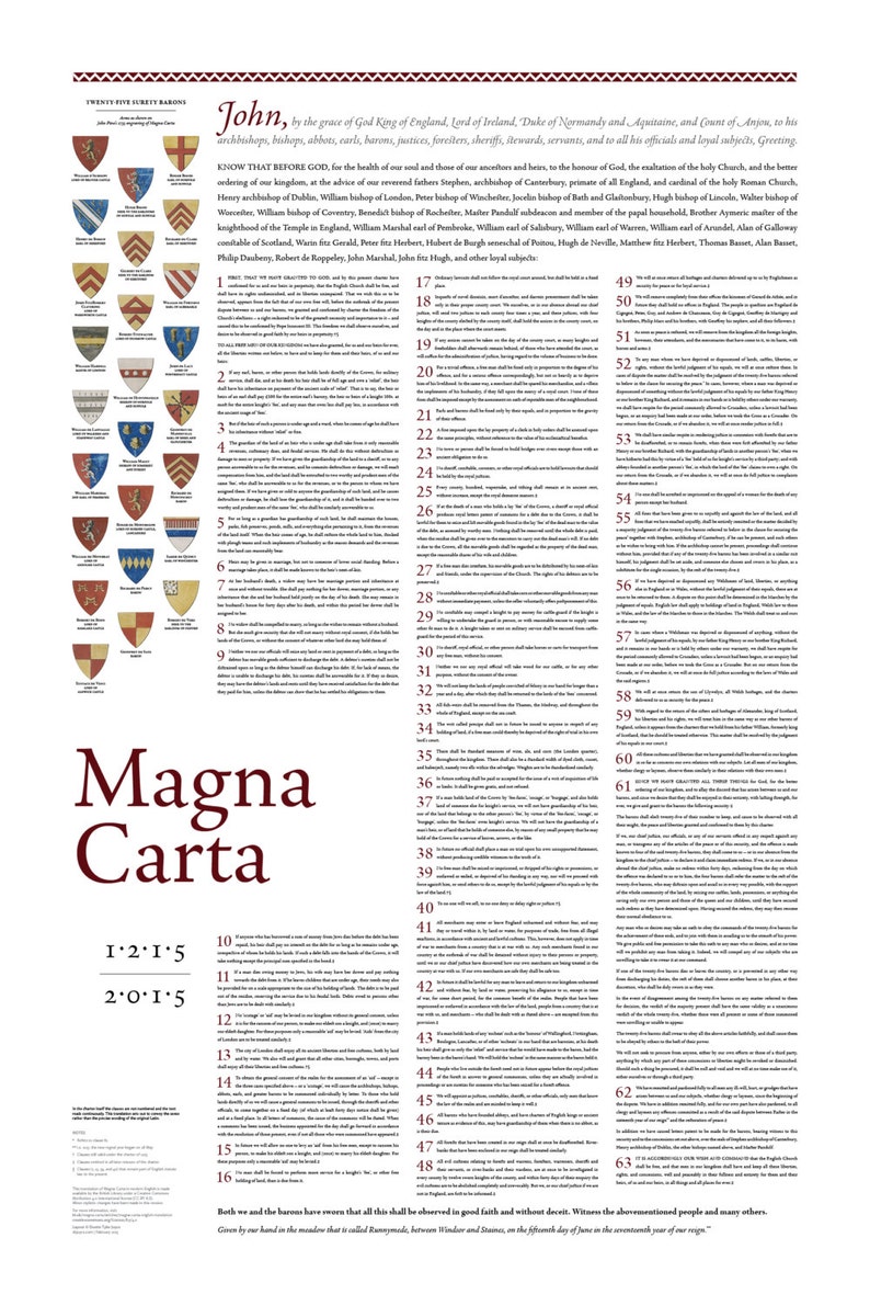 May include: A historical document, Magna Carta, with the text of the document in English. The document is framed in a red border with the title "Magna Carta" in large, bold, red letters. The document is divided into 63 sections, numbered 1 through 63. The document is dated 15th June 1215.