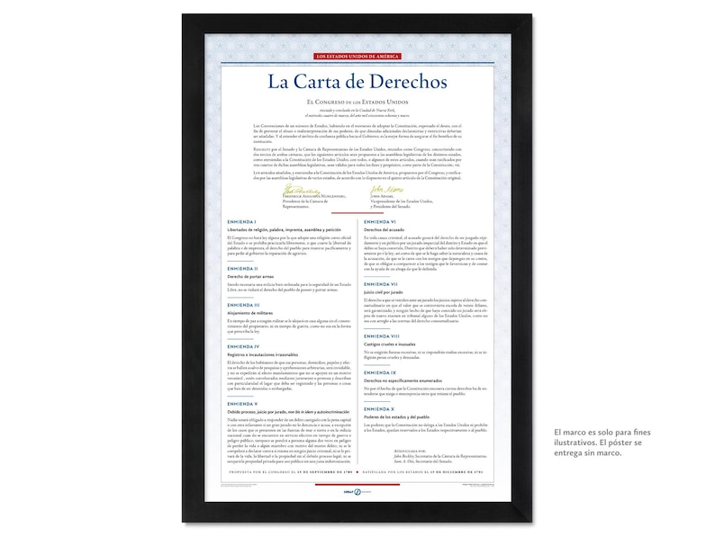 May include: A framed print of the Bill of Rights in Spanish, titled "La Carta de Derechos." The document is in black and white, with text and signatures. The frame is black. The text at the bottom says "El marco es solo para fines ilustrativos. El p&oacute;ster se entrega sin marco."