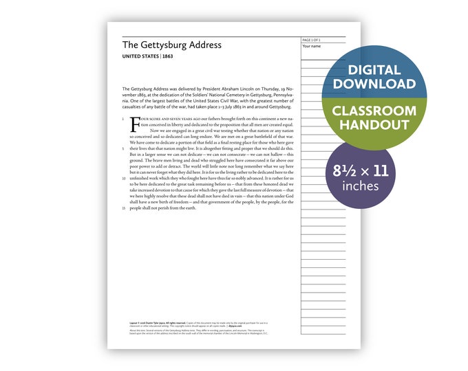 Gettysburg Address (United States | 1863) — Digital download — Classroom handout for letter-size paper — 8.5 by 11 printable for teachers