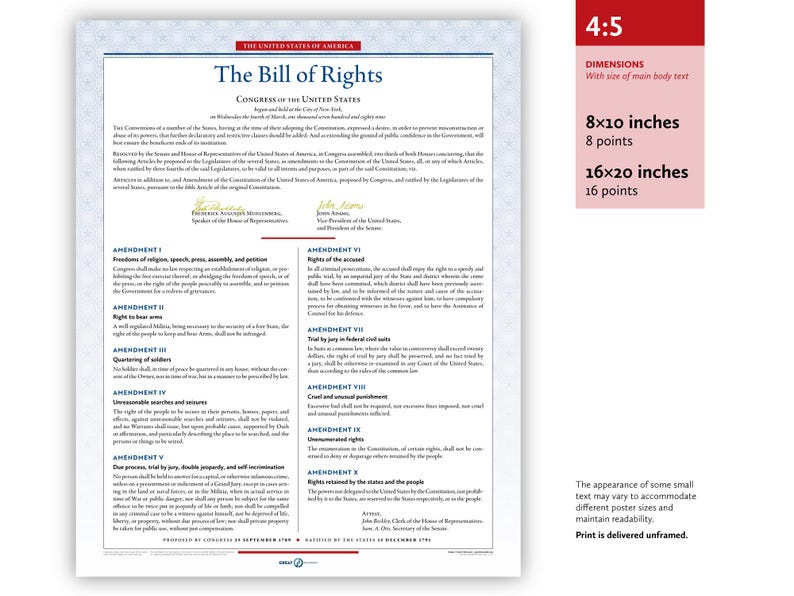 May include: A printed document titled "The Bill of Rights" with text in black ink. The document includes the text of the amendments to the U.S. Constitution. The dimensions are 8x10 inches and 16x20 inches.