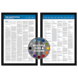 Könnte beinhalten: Ein gerahmtes Poster mit dem vollständigen Text der Verfassung der Vereinigten Staaten und der Bill of Rights. Das Poster hat einen schwarzen Rahmen und einen weißen Hintergrund. Der Text ist schwarz und leicht zu lesen. Das Poster ist in verschiedenen Größen und Farben erhältlich.