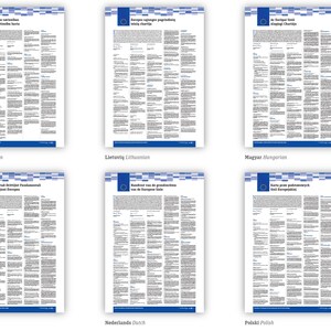 May include: A collection of six white informational posters featuring the Charter of Fundamental Rights of the European Union in various languages. Each poster displays a blue header with the EU flag and text, followed by columns of black printed text.
