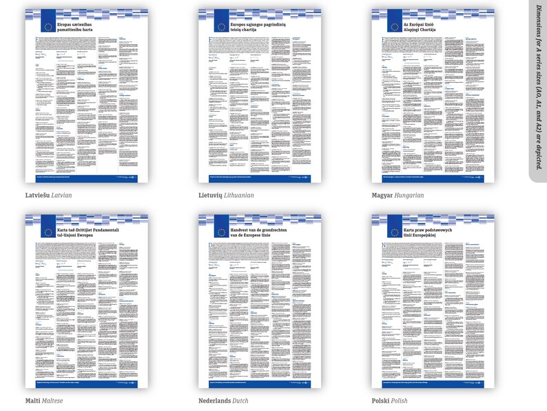 May include: A collection of six white informational posters featuring the Charter of Fundamental Rights of the European Union in various languages. Each poster displays a blue header with the EU flag and text, followed by columns of black printed text.