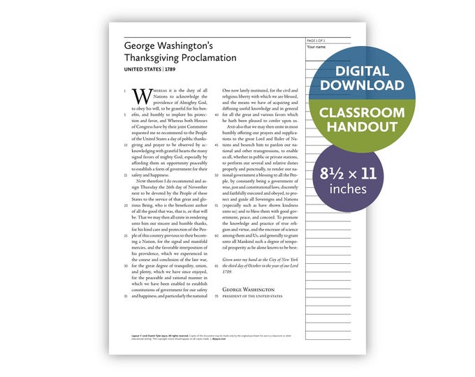 George Washington’s Thanksgiving Proclamation (United States | 1789) — Digital download — Classroom handout — 8.5x11 printable for teachers
