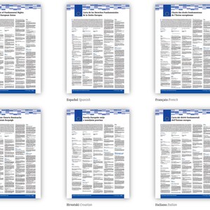 May include: Six white posters featuring the Charter of Fundamental Rights of the European Union in English, Spanish, French, Irish, Croatian, and Italian. Each poster displays blue header graphics and text columns. A side note mentions A-series sizes.