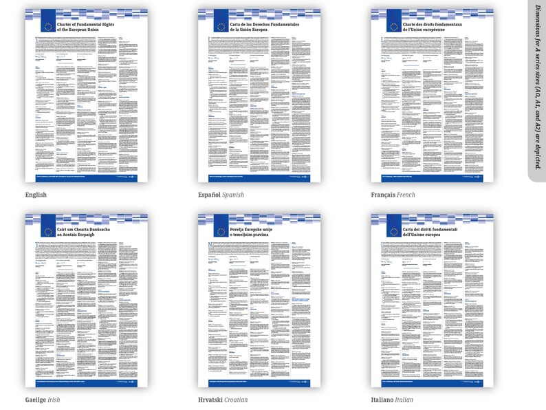 May include: Six white posters featuring the Charter of Fundamental Rights of the European Union in English, Spanish, French, Irish, Croatian, and Italian. Each poster displays blue header graphics and text columns. A side note mentions A-series sizes.