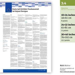May include: A poster titled Karta tad-Drittijiet Fundamentali tal-Unjoni Ewropea featuring the European Union flag emblem. It lists dimensions in inches and centimeters: 18x24 inches, 24x32 inches, and 30x40 inches, alongside font point sizes.