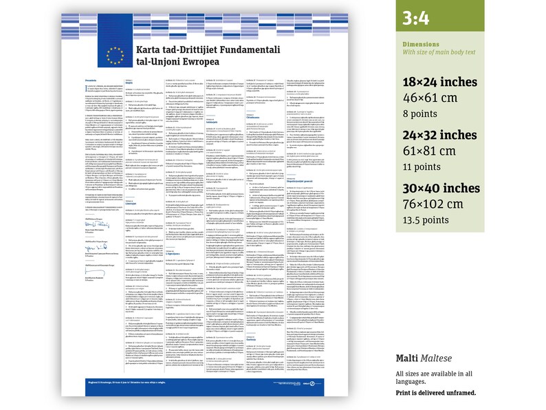 May include: A poster titled Karta tad-Drittijiet Fundamentali tal-Unjoni Ewropea featuring the European Union flag emblem. It lists dimensions in inches and centimeters: 18x24 inches, 24x32 inches, and 30x40 inches, alongside font point sizes.