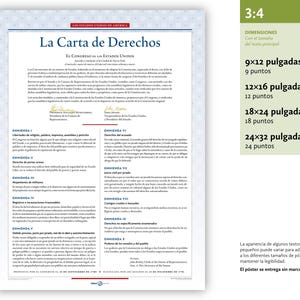 May include: A poster titled "La Carta de Derechos" in Spanish, featuring text and a blue border. Dimensions are listed in inches: 9x12, 12x16, 18x24, and 24x32. The poster's text size is also indicated.