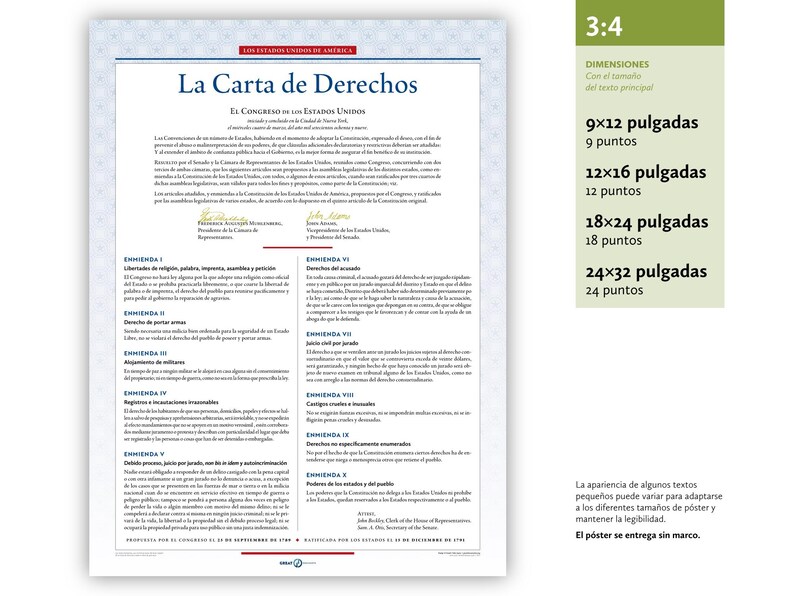 May include: A poster titled "La Carta de Derechos" in Spanish, featuring text and a blue border. Dimensions are listed in inches: 9x12, 12x16, 18x24, and 24x32. The poster's text size is also indicated.