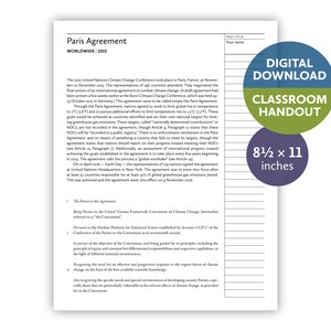 Paris Agreement (worldwide | 2015) — Digital download — Classroom handout for letter-size paper — 8.5 by 11 printable for teachers