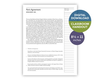 Paris Agreement (worldwide | 2015) — Digital download — Classroom handout for letter-size paper — 8.5 by 11 printable for teachers