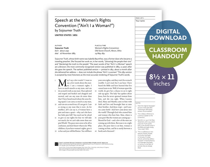 Sojourner Truth: Speech at the Women’s Rights Convention (“Ain’t I a Woman?”) (United States | 1851) — Digital download — Classroom handout