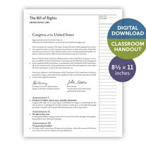 Bill of Rights (United States | 1789) — Digital download — Classroom handout for letter-size paper — 8.5 by 11 printable for teachers