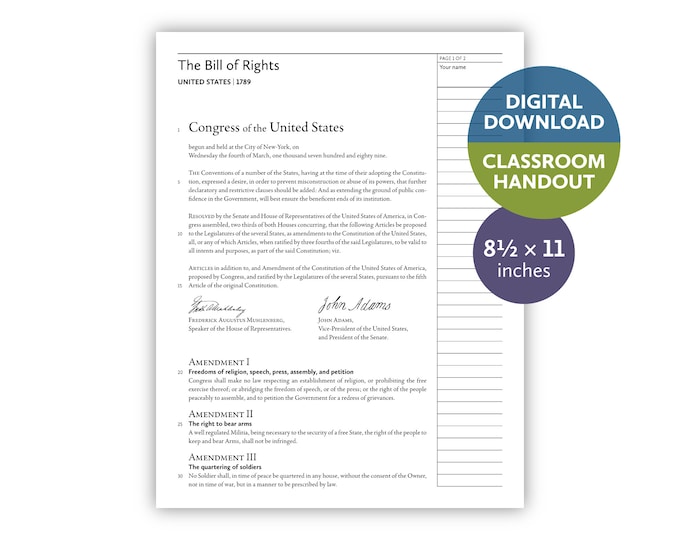Bill of Rights (United States | 1789) — Digital download — Classroom handout for letter-size paper — 8.5 by 11 printable for teachers