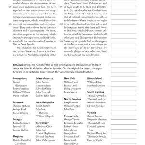 May include: A page from the Declaration of Independence, featuring text and signatures. The document is on a white background with black text. The text includes the phrase "Free and Independent States."