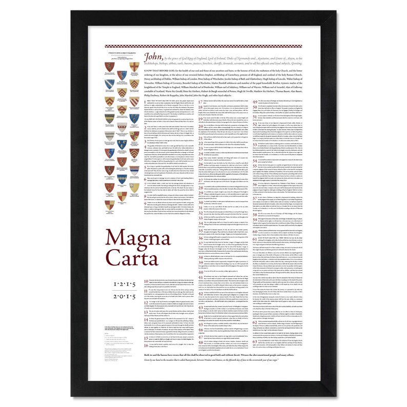 May include: A framed poster of Magna Carta, a historical document from 1215, with a list of the 63 clauses and the seals of the barons who signed it. The poster features a red and gold colour scheme and includes the text "Magna Carta 1215 2015".
