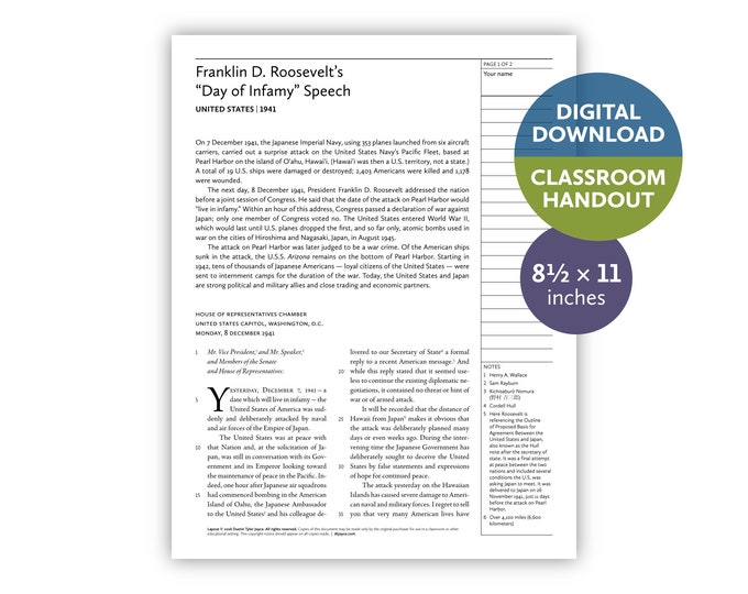 Franklin D. Roosevelt’s “Day of Infamy” Speech (United States | 1941) — Digital download — Classroom handout — 8.5x11 printable for teachers