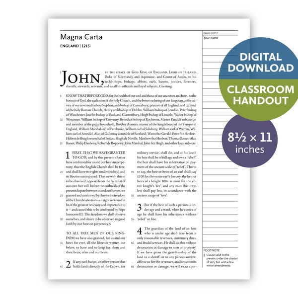 Magna Carta (England | 1215) — Digital download — Classroom handout for letter-size paper — 8.5 by 11 printable for teachers