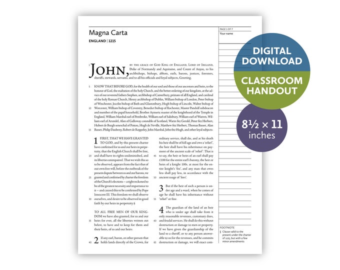Magna Carta (England | 1215) — Digital download — Classroom handout for letter-size paper — 8.5 by 11 printable for teachers