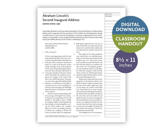 Abraham Lincoln’s Second Inaugural Address (United States | 1865) — Digital download — Classroom handout — 8.5 by 11 printable for teachers
