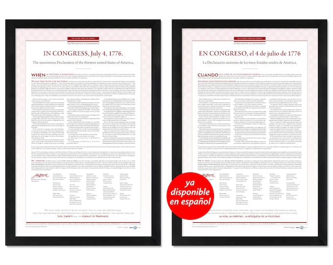 The United States Declaration of Independence: A print in multiple sizes in English or Spanish