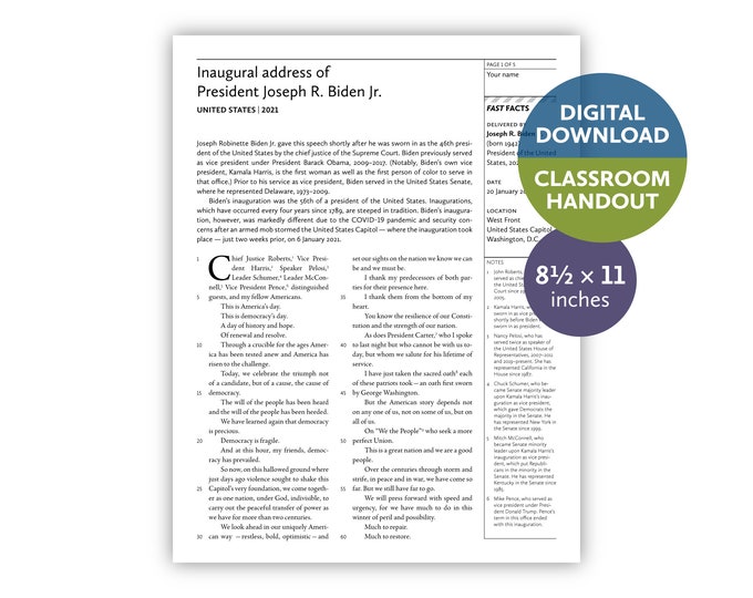 Inaugural address of Joseph R. Biden Jr. (United States | 2021) — Digital download — Classroom handout — 8.5 by 11 printable for teachers