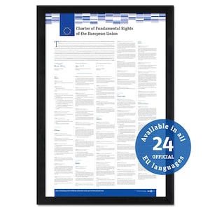 May include: A framed document titled Charter of Fundamental Rights of the European Union, featuring the EU flag emblem, blue and white graphic headers, and columns of text. A blue circular badge states Available in all 24 official EU languages.