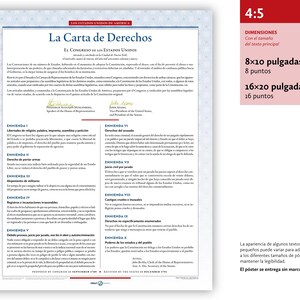 May include: A printed document titled "La Carta de Derechos" in Spanish, with text in black ink on a white background. The document includes the text "EL CONGRESO DE LOS ESTADOS UNIDOS" and "DIMENSIONES" with size options of 8x10 inches and 16x20 inches.
