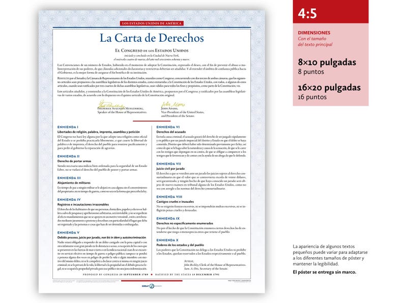 May include: A printed document titled "La Carta de Derechos" in Spanish, with text in black ink on a white background. The document includes the text "EL CONGRESO DE LOS ESTADOS UNIDOS" and "DIMENSIONES" with size options of 8x10 inches and 16x20 inches.