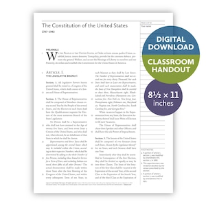 Puede incluir: Documento impreso titulado "La Constitución de los Estados Unidos" con texto y los años 1787-1992. Incluye una etiqueta "Descarga digital para el aula" y dimensiones de 21,6 x 27,9 cm.