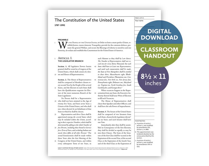 The Constitution of the United States (1787–1992) — Digital download — Classroom handout — 8.5 by 11 printable for teachers