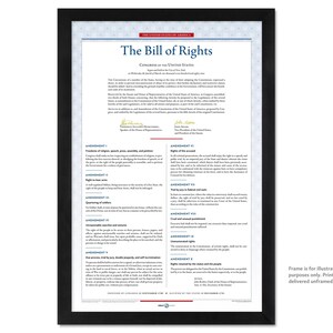 May include: A framed print of the Bill of Rights, a document from the United States. The text is in black on a white background, with the title at the top. The frame is black. The print is delivered unframed.