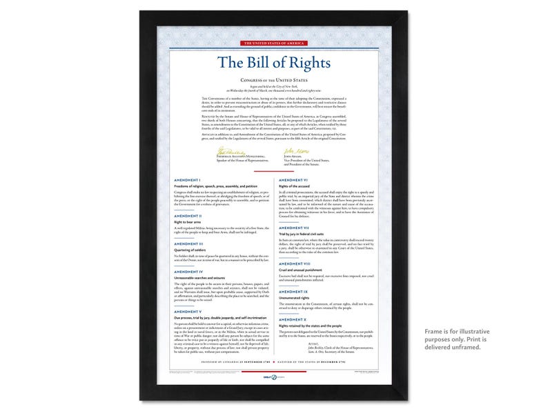 May include: A framed print of the Bill of Rights, a document from the United States. The text is in black on a white background, with the title at the top. The frame is black. The print is delivered unframed.