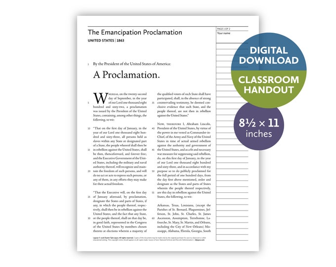 Emancipation Proclamation (United States | 1863) — Digital download — Classroom handout — 8.5 by 11 (letter-size) printable for teachers