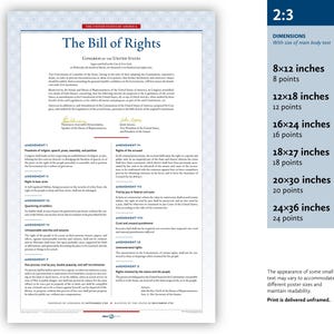 May include: A framed print of the Bill of Rights, a historical document. The text is in black on a white background, with the title at the top. Dimensions are listed as 8x12, 12x18, 16x24, 18x27, 20x30, and 24x36 inches.
