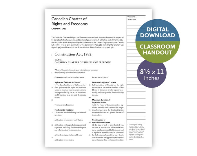 Canadian Charter of Rights and Freedoms (Canada | 1982) — Digital download — Classroom handout — 8.5x11 (letter-size) printable for teachers