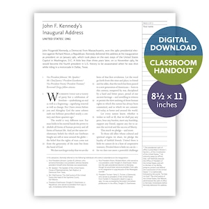 May include: A white classroom handout featuring the text of John F. Kennedy's 1961 Inaugural Address. The document includes historical context, numbered lines, and a footer. Overlaid circular badges indicate a digital download and 8 1/2 x 11 inches.