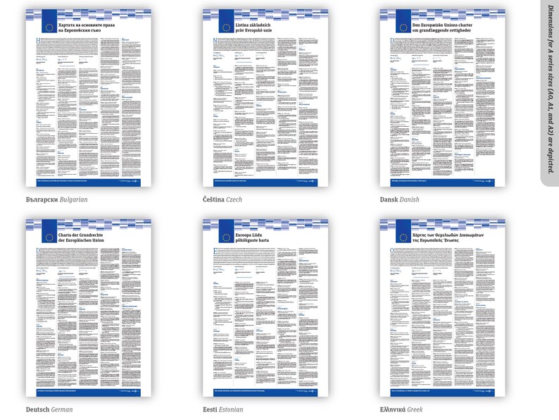 May include: A collection of six white informational posters displaying the Charter of Fundamental Rights of the European Union in various languages. Each poster features a blue header with a white star pattern and text columns. The text on the right reads: Dimensions for A series sizes (A0, A1, and A2) are depicted.