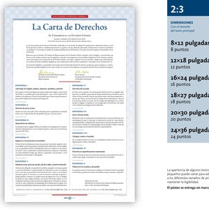 May include: A white poster titled "La Carta de Derechos" in Spanish, with text in Spanish and English. The poster includes dimensions in inches and points for different sizes, such as 8x12 inches and 12x18 inches.