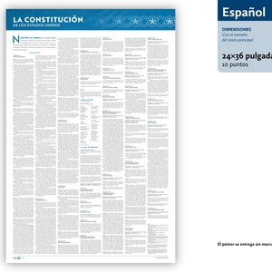 May include: A poster of the United States Constitution in Spanish. The poster is 24 x 36 inches and features the text "LA CONSTITUCI&Oacute;N DE LOS ESTADOS UNIDOS" at the top. The dimensions are listed as 24x36 inches, 10 points.